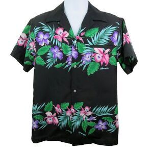 Vintage Kaikamahine Aloha Hawaiian Shirt Size M Black Border Print Floral Poly